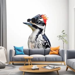 image-Downy Woodpecker Bird in Glasses Wall Sticker Decals - Unique Room Decor for Nature Lovers