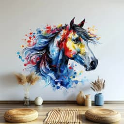 image-Vibrant Watercolor Horse Head Wall Decal Sticker - Artistic Animal Decor for Living Room, Creative Space