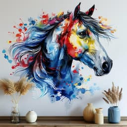 image-Vibrant Watercolor Horse Head Wall Decal Sticker - Artistic Animal Decor for Living Room, Creative Space