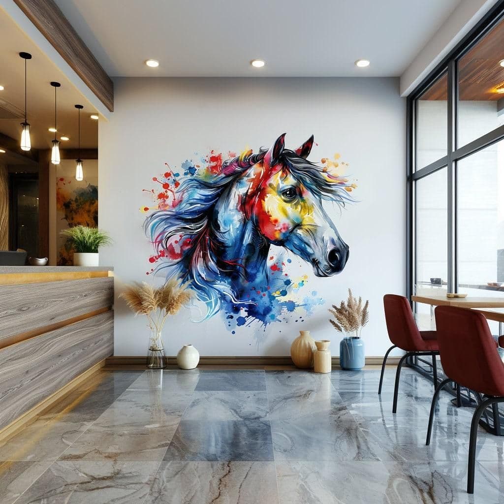 image-Vibrant Watercolor Horse Head Wall Decal Sticker - Artistic Animal Decor for Living Room, Creative Space