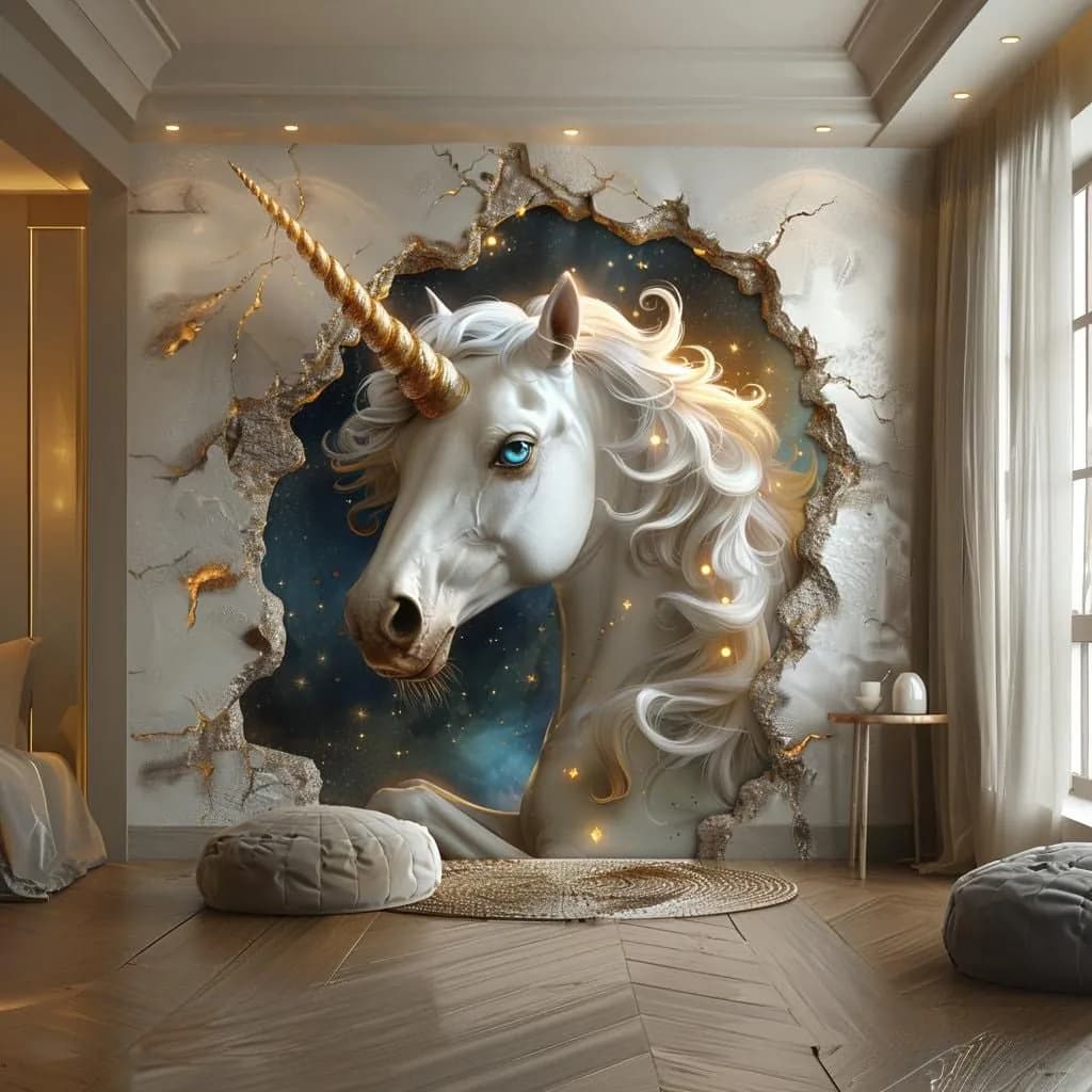 image-3D Fantasy Unicorn Wall Decal Sticker - Enchanted Unicorn Breaking Through Wall