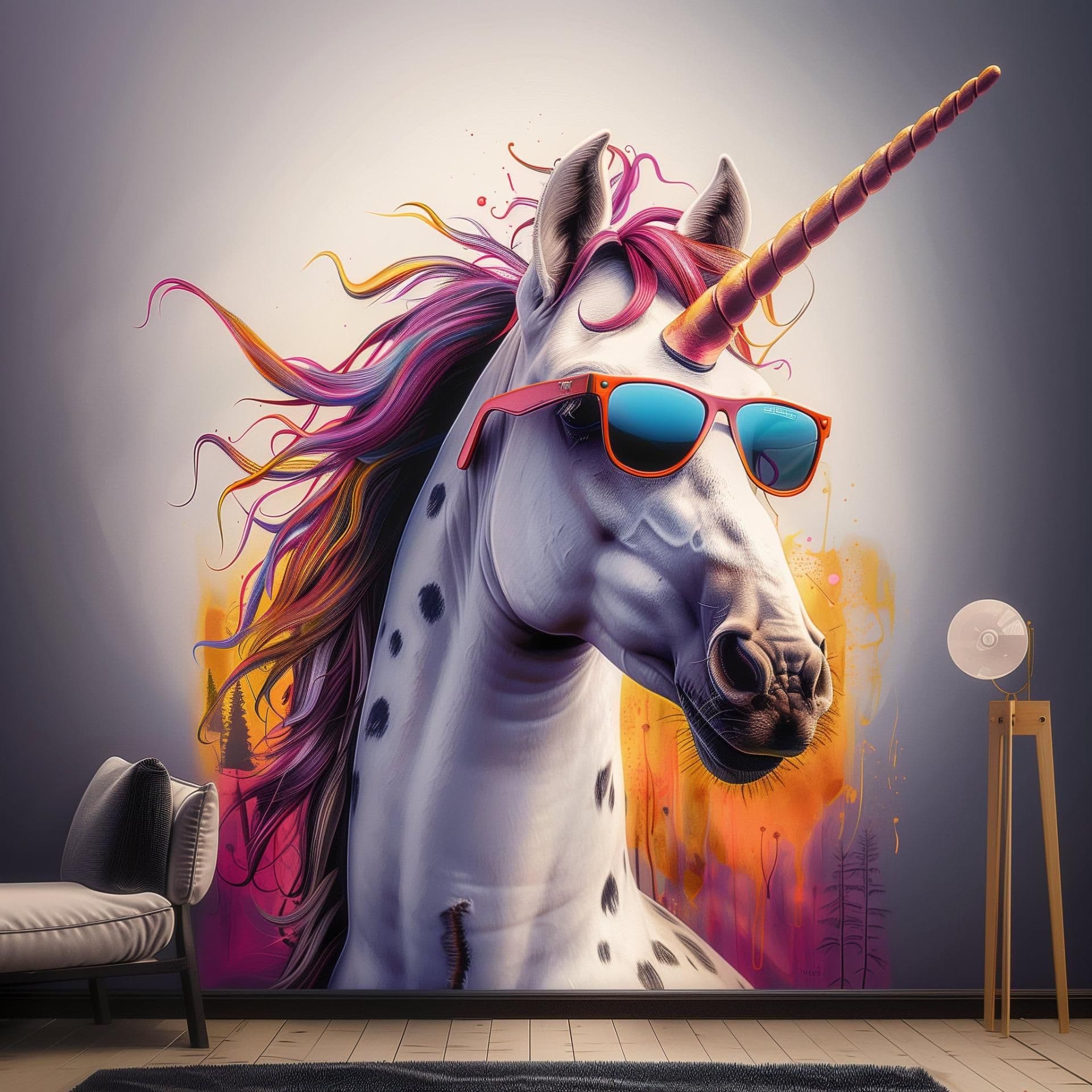 image-Photorealistic Unicorn Wall Sticker - Bold Vibrant Unicorn with Sunglasses Decal