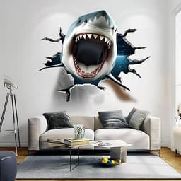 image-3D White Shark Wall Decal | Realistic Shark with Open Jaws Wall Sticker | Hole with Cracks Ocean Themed Home Decor | Living Room Portal