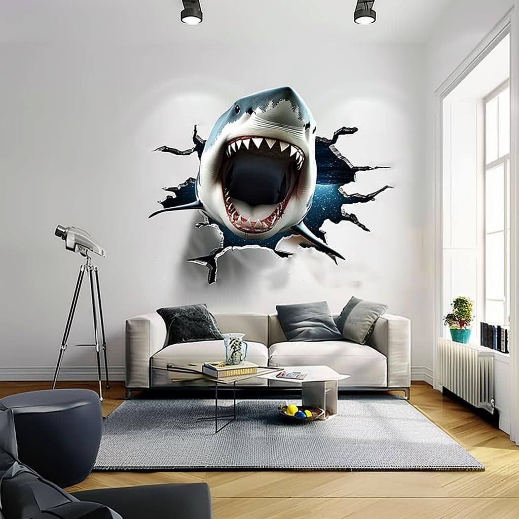 image-3D White Shark Wall Decal | Realistic Shark with Open Jaws Wall Sticker | Hole with Cracks Ocean Themed Home Decor | Living Room Portal