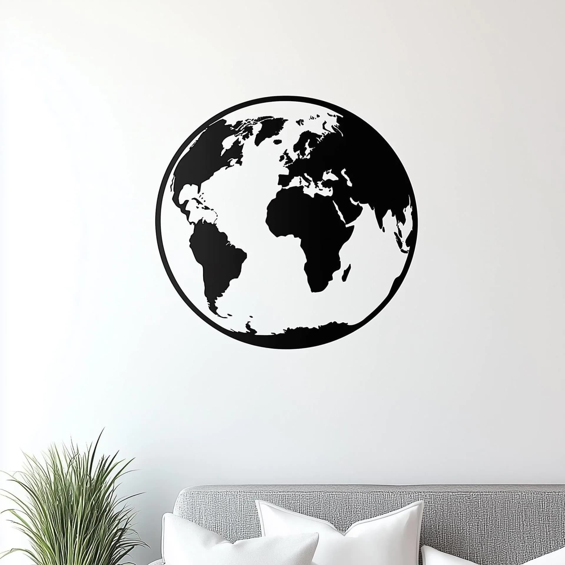 image-Globe Wall Decal | Minimalist World Map Black Sticker | Modern Earth Wall Art for Living Room, Office, or Classroom Decor Line Art