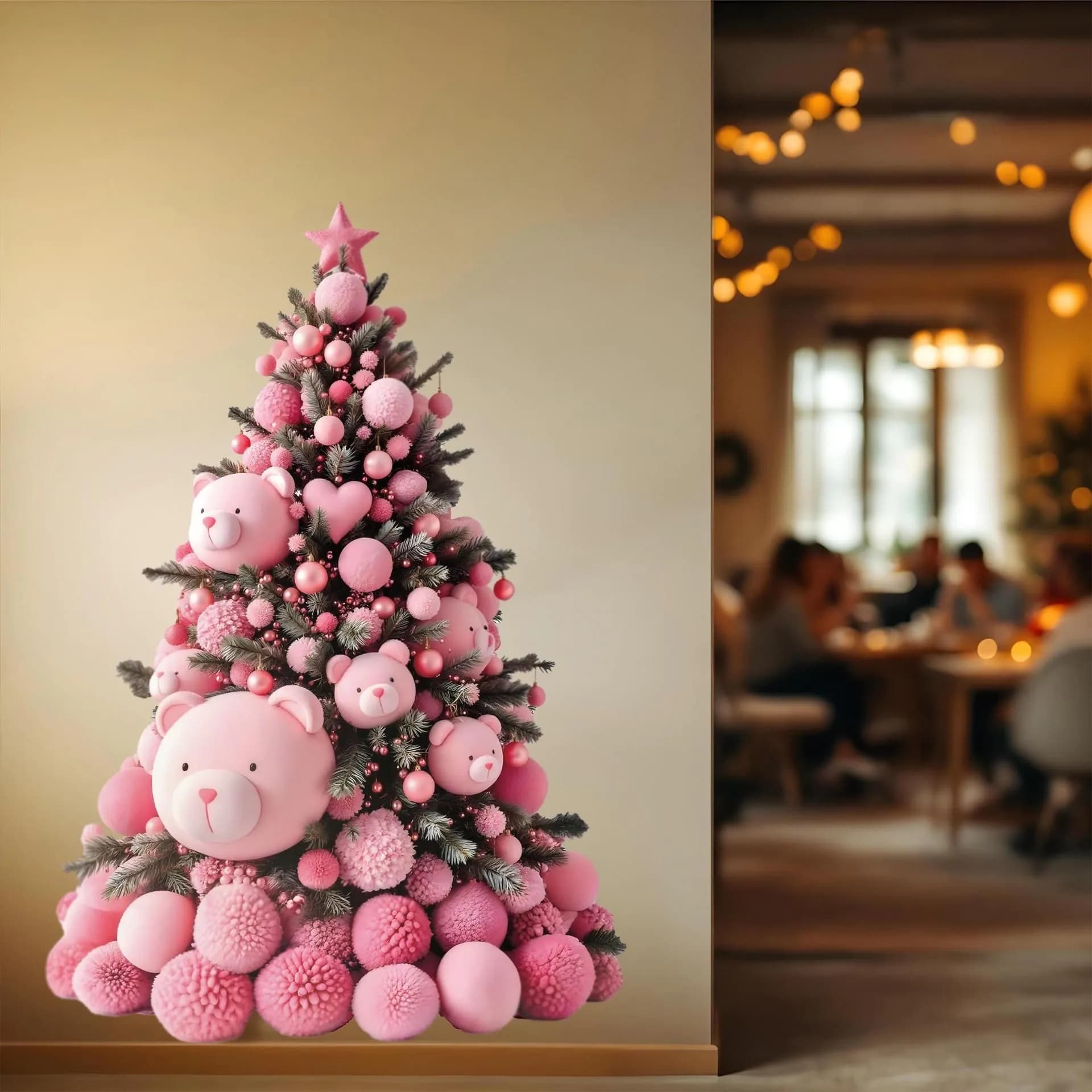 image-Pink Teddy Bear Christmas Tree Wall Decal | Personalized Holiday Sticker | Write Your Wishes | Kids Room Christmas Decor Vinyl Wall Art *!