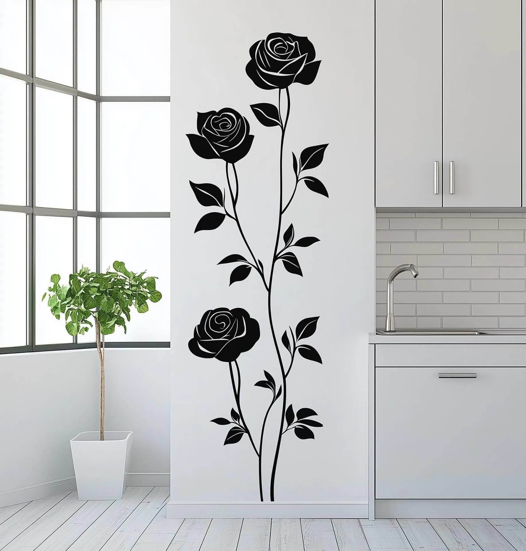 image-Three-Rose Wall Decal Sticker | Elegant Floral Wall Art | Removable Flower Wall Sticker for Kitchen Bedroom Living Room | Modern Wall Decor