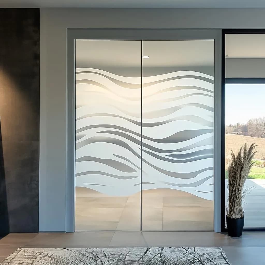 image-Frosted Glass Decal with Wave Design | Privacy Window Film | Etched Glass Doors Sticker | Bathroom Office Sliding Doors | Custom Glass Cover
