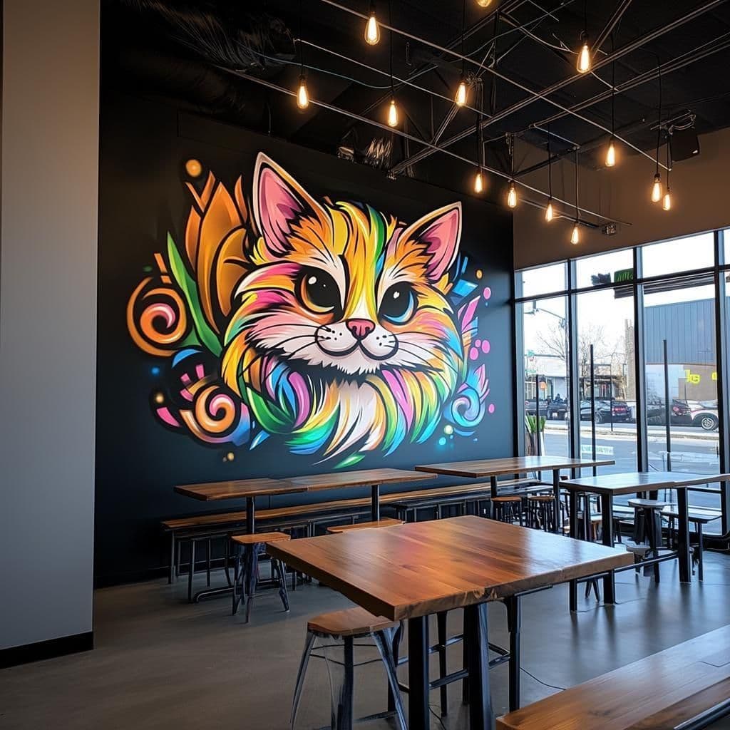 image-Colorful Cat Wall Decal | Neon Feline Vinyl Sticker | Vibrant Artistic Pet Mural | Modern Animal Wall Art | Cat Café & Kids Room Decor