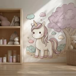 image-Cute Unicorn Wall Decal | Pastel Cartoon Unicorn Wall Sticker for Girls' Nursery or Bedroom | Kawaii Removable Vinyl Mural for Kids