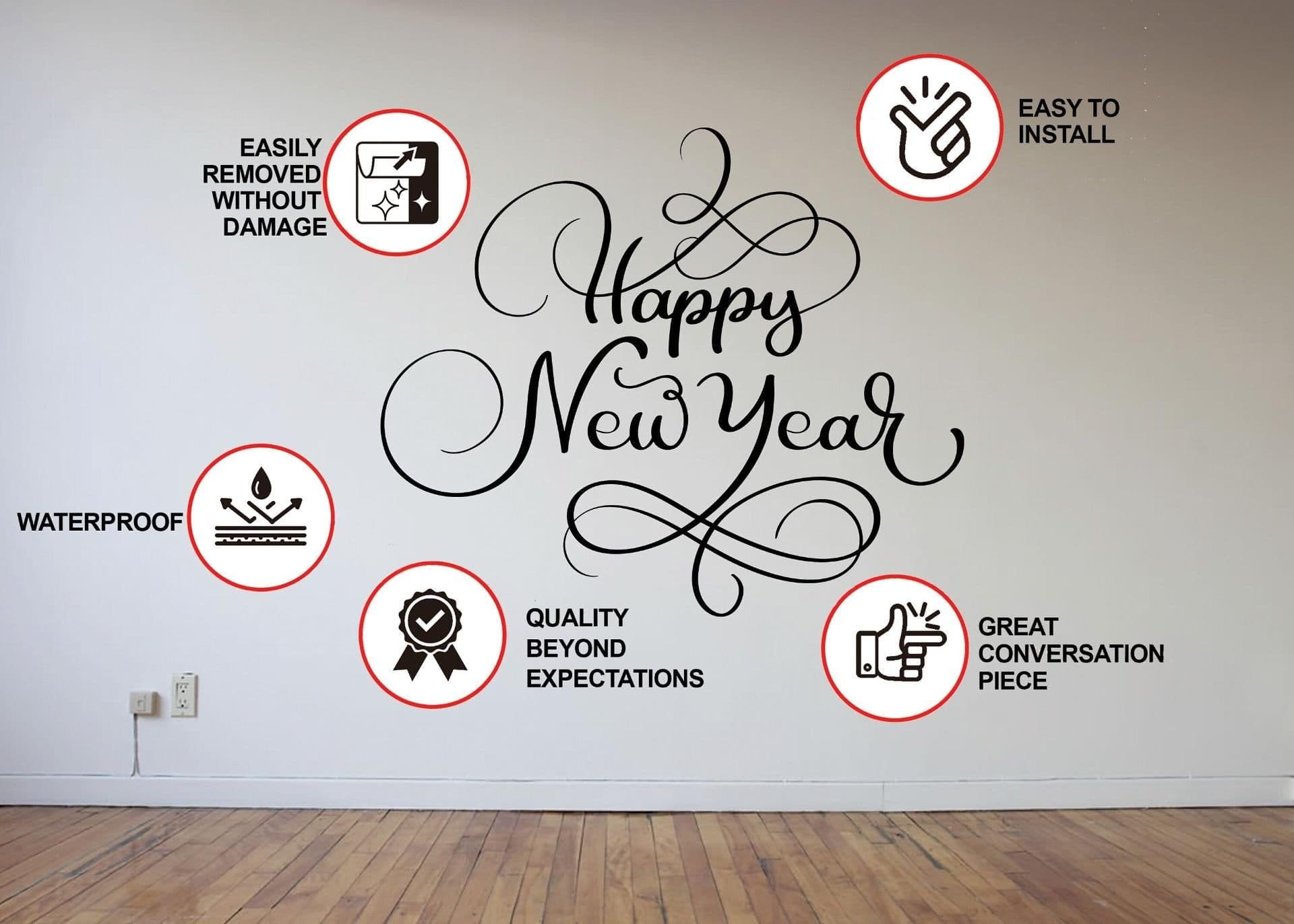 image-Uplifting New Year Quote Wall Vinyl Sticker - "Happy New Year" Text Decal Sign for Living Room