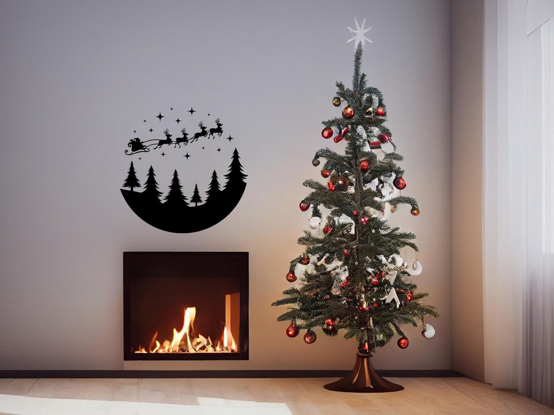image-Circular Santa Sleigh and Deers Wall Decal - Christmas Silhouette Window Stickers