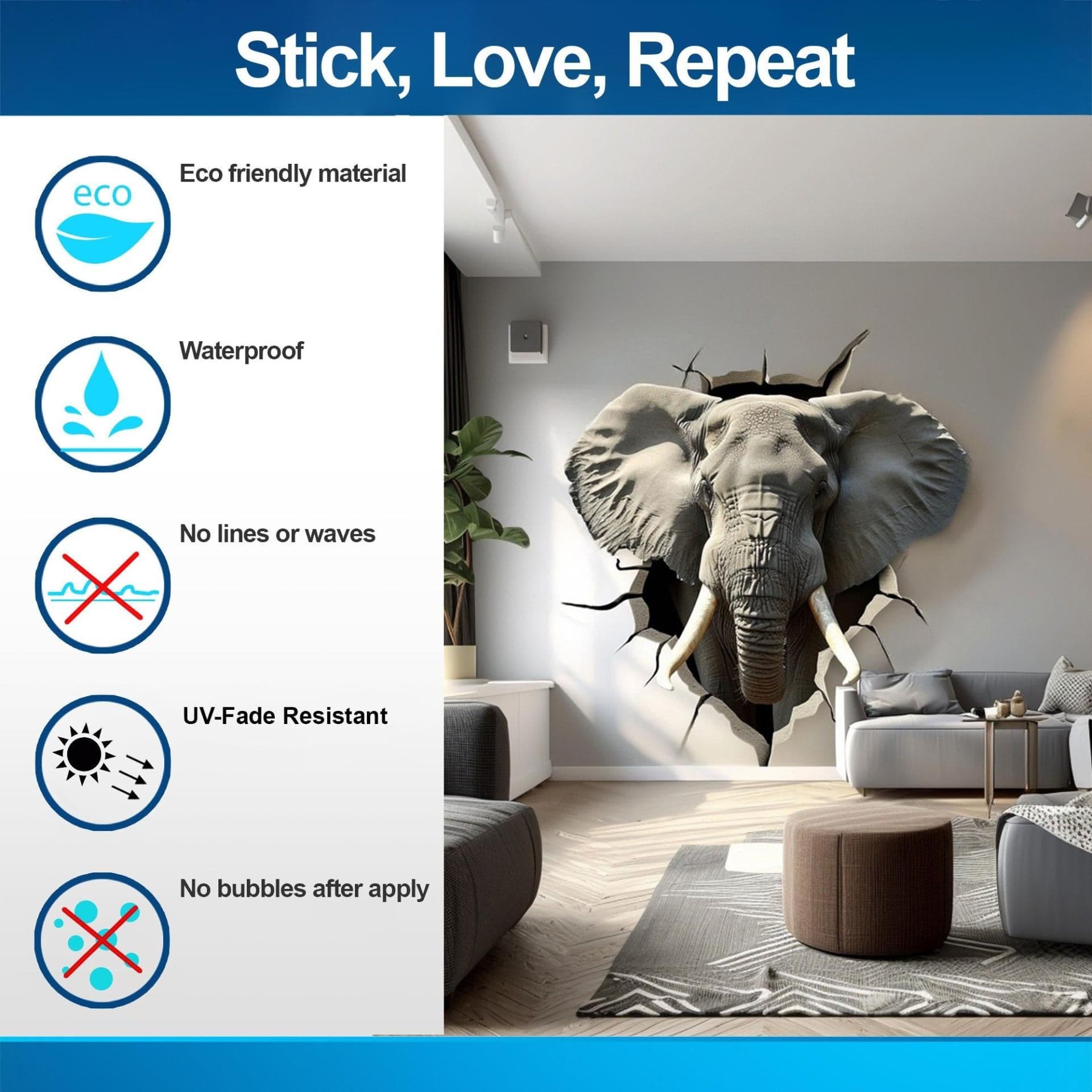 image-3D Elephant Head Wall Sticker - Realistic Broken Illusion Effect Vinyl Decal