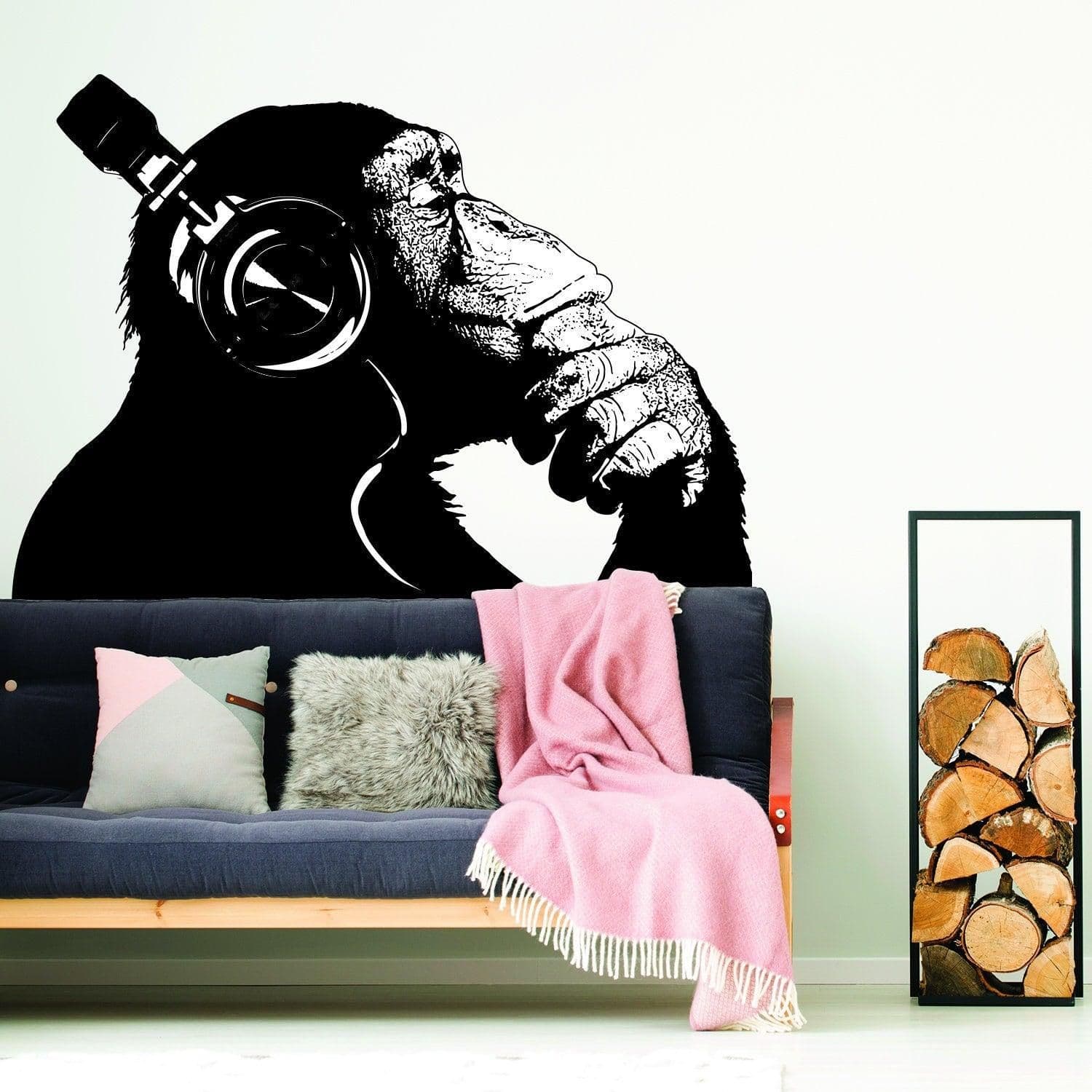 image-Banksy Wall Decal Thinking Monkey Art Sticker - Dj Chimp The Thinker Gorilla With Headphones Home Decals