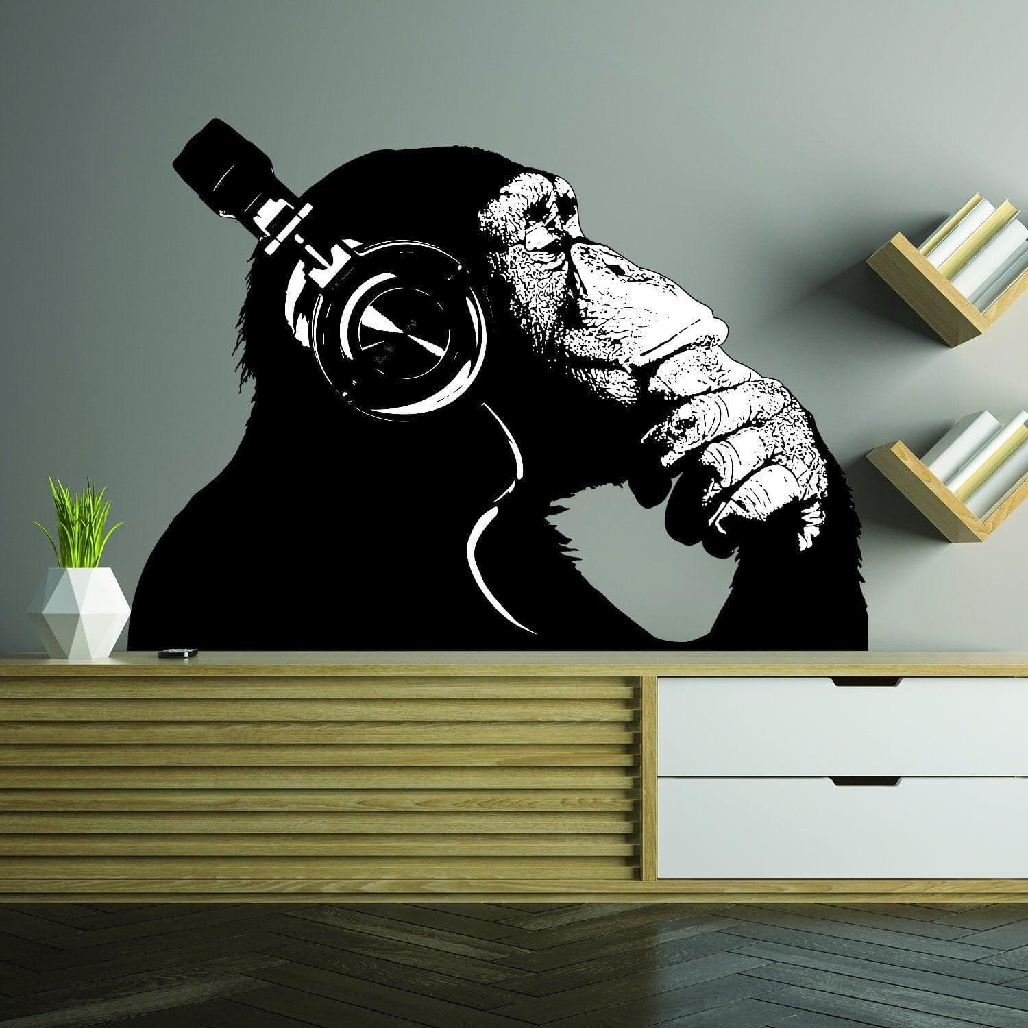 image-Banksy Wall Decal Thinking Monkey Art Sticker - Dj Chimp The Thinker Gorilla With Headphones Home Decals