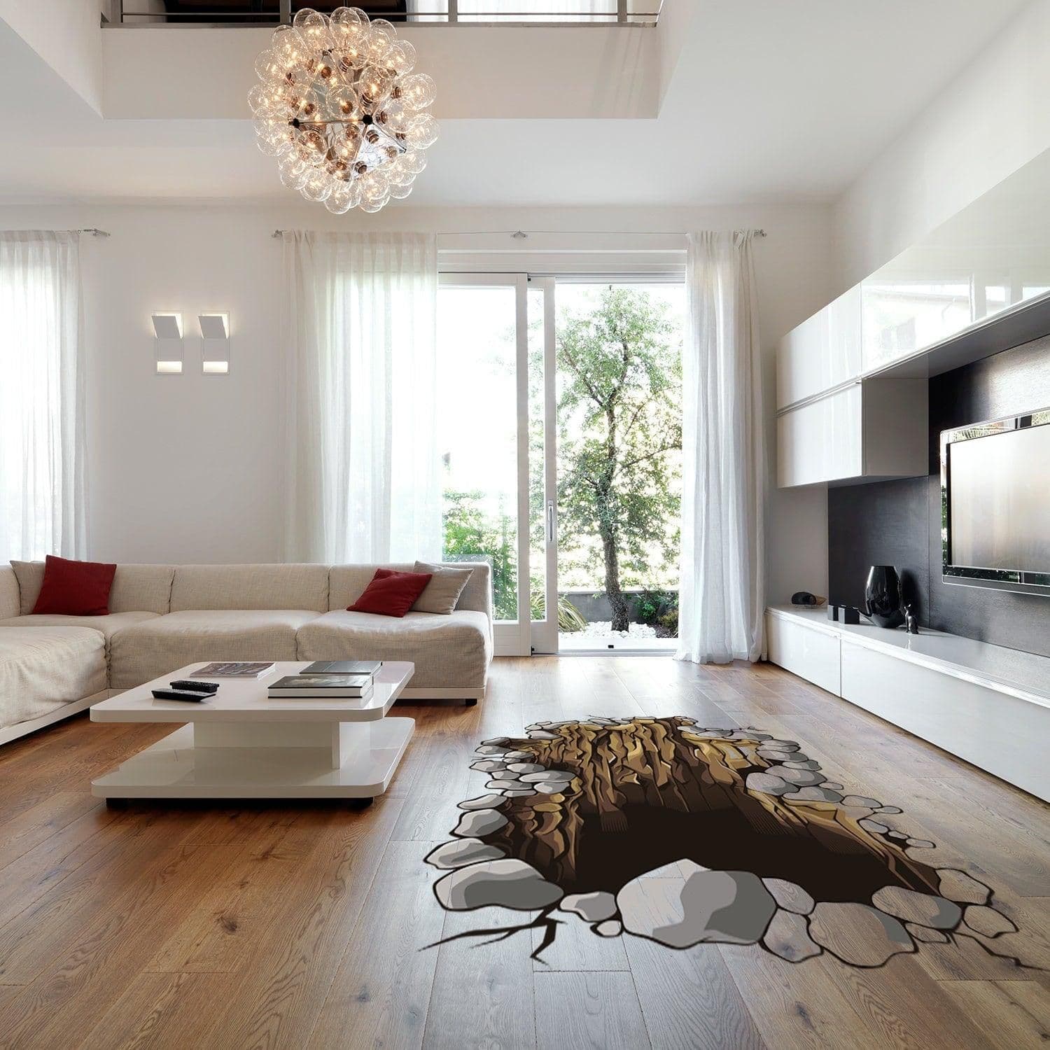 image-3d Floor Porthole Sticker - Self Adhesive Art Mural Living Room Vinyl Hole Decal For Interior