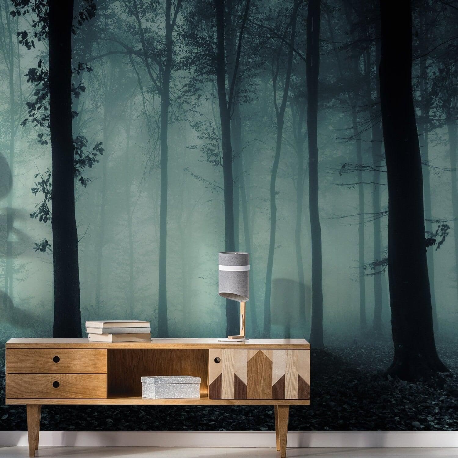 image-Foggy Forest Wallpaper Sticker Mural - Night Tree Fog Removable Wall Paper Art Decal