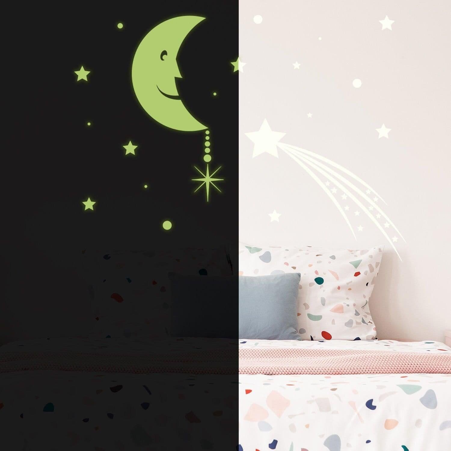 image-Glowing Moon with Stars Sky Sticker - Glow in the Dark Falling Star Decor Decals