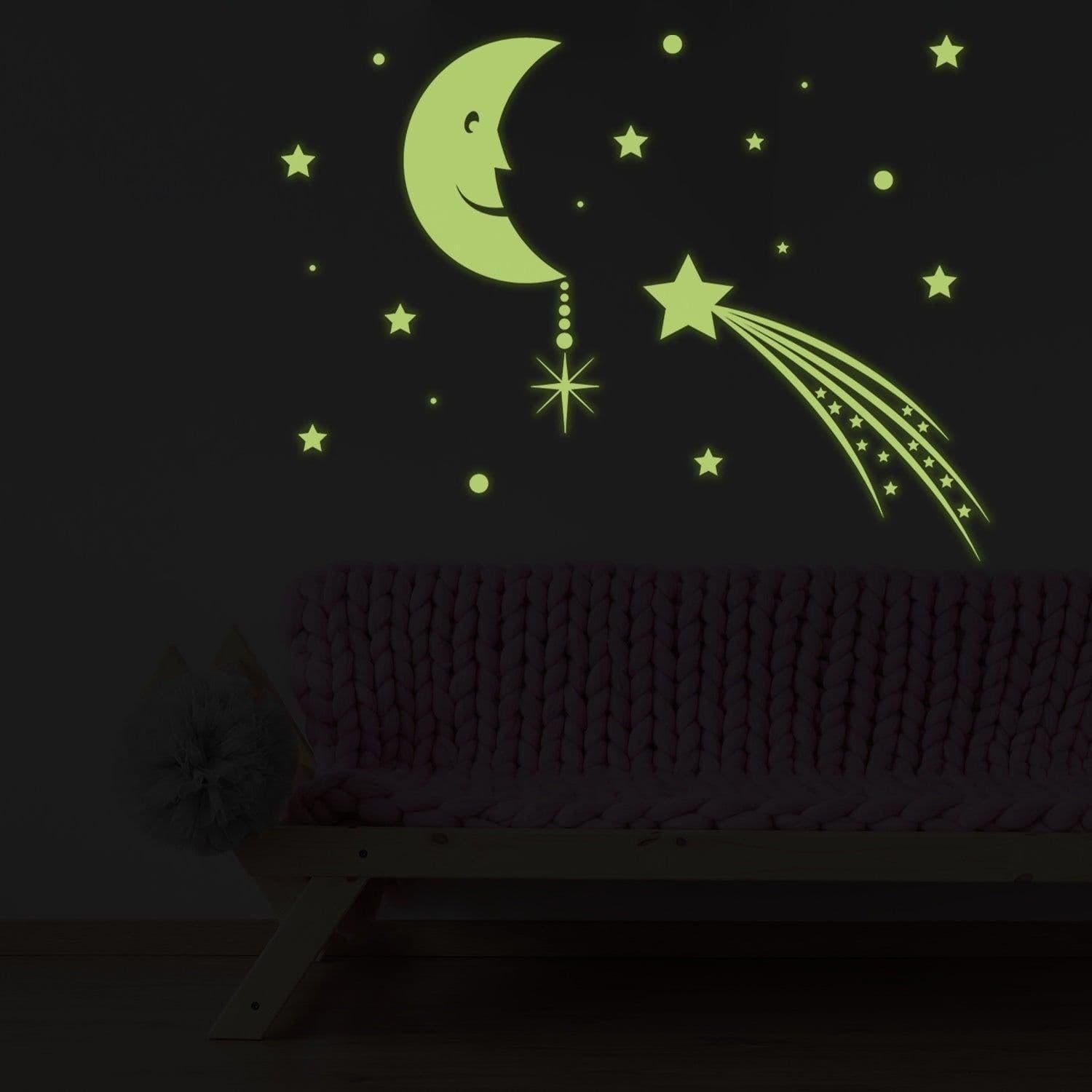 image-Glowing Moon with Stars Sky Sticker - Glow in the Dark Falling Star Decor Decals