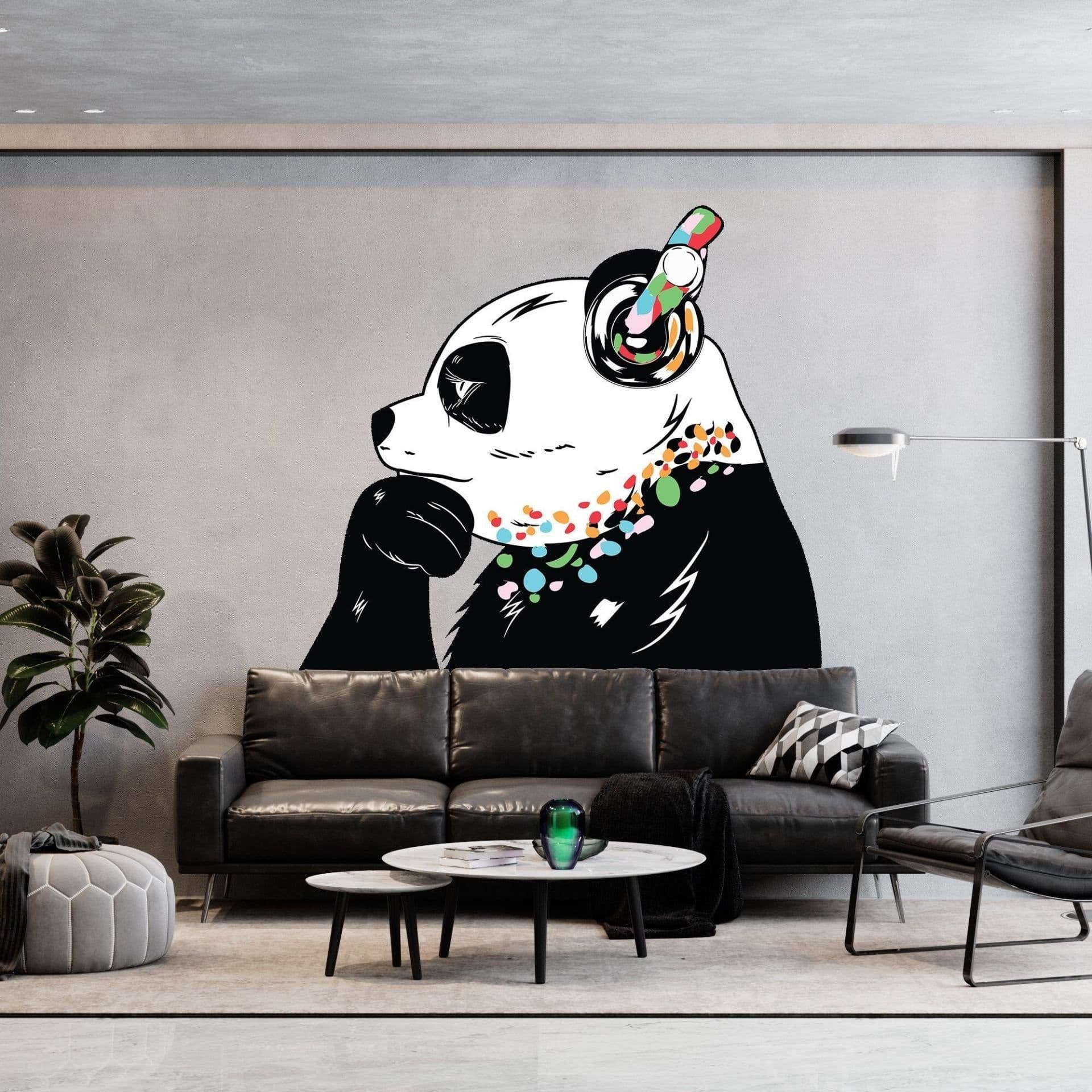 image-Panda Wall Art Sticker - Thinking Dj Panda Bear Head Headphones Vinyl Decal
