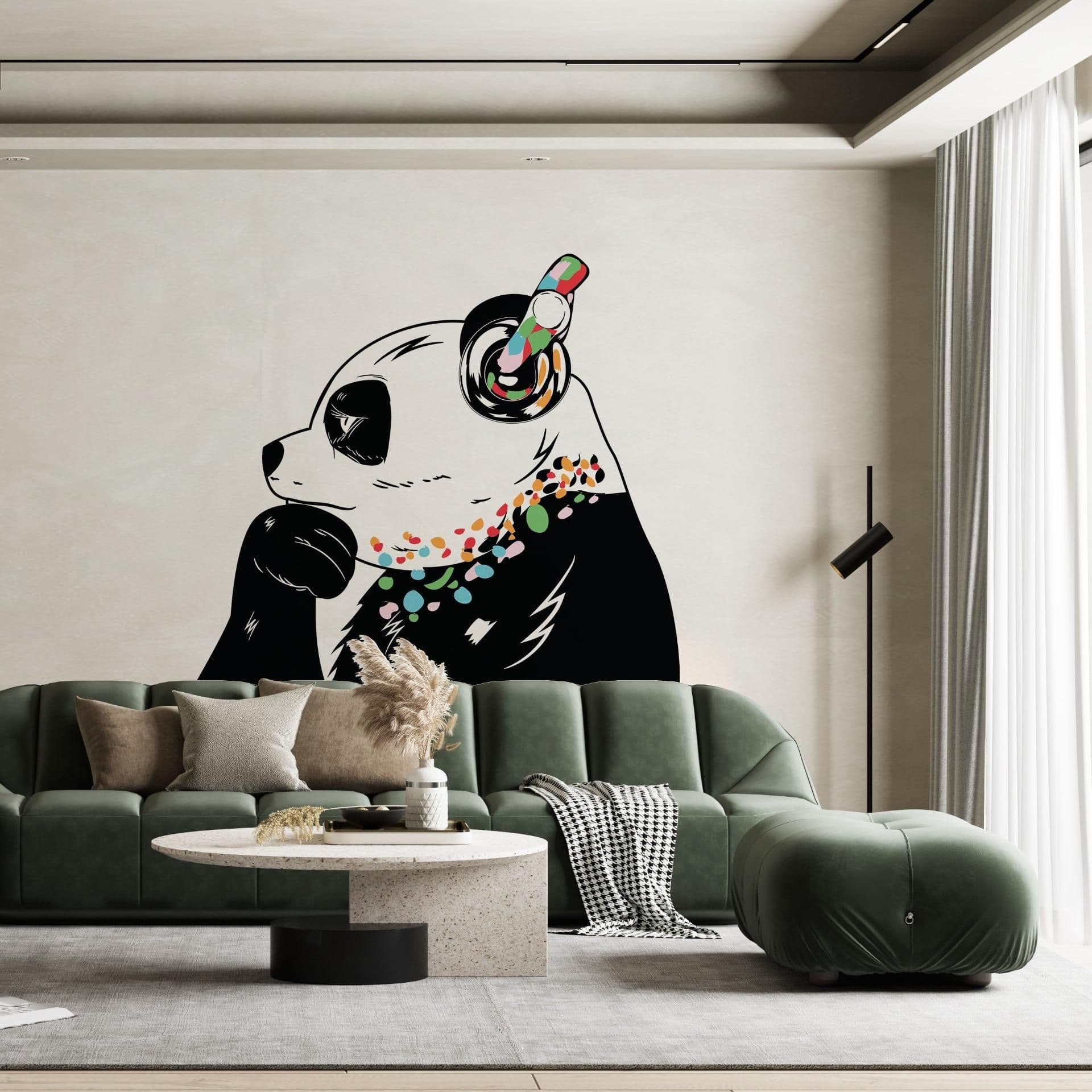 image-Panda Wall Art Sticker - Thinking Dj Panda Bear Head Headphones Vinyl Decal