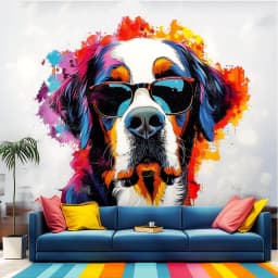 image-Colorful St. Bernard with Glasses Wall Decal - Bold Watercolor Bernese Mountain Dog Art Sticker