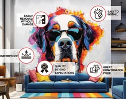 image-Colorful St. Bernard with Glasses Wall Decal - Bold Watercolor Bernese Mountain Dog Art Sticker