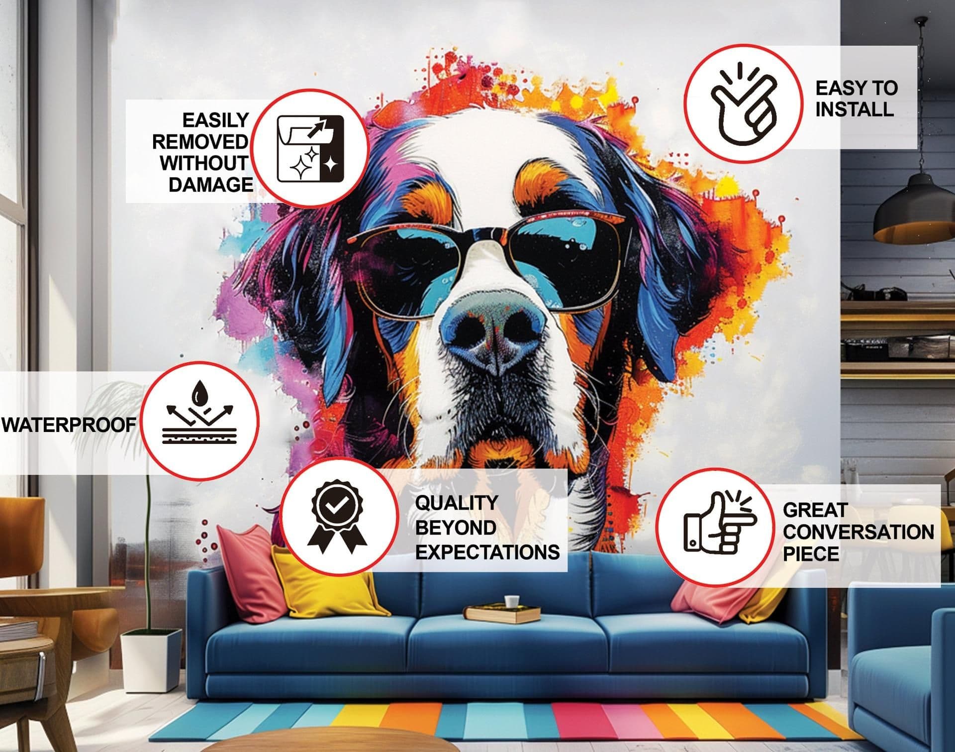 image-Colorful St. Bernard with Glasses Wall Decal - Bold Watercolor Bernese Mountain Dog Art Sticker