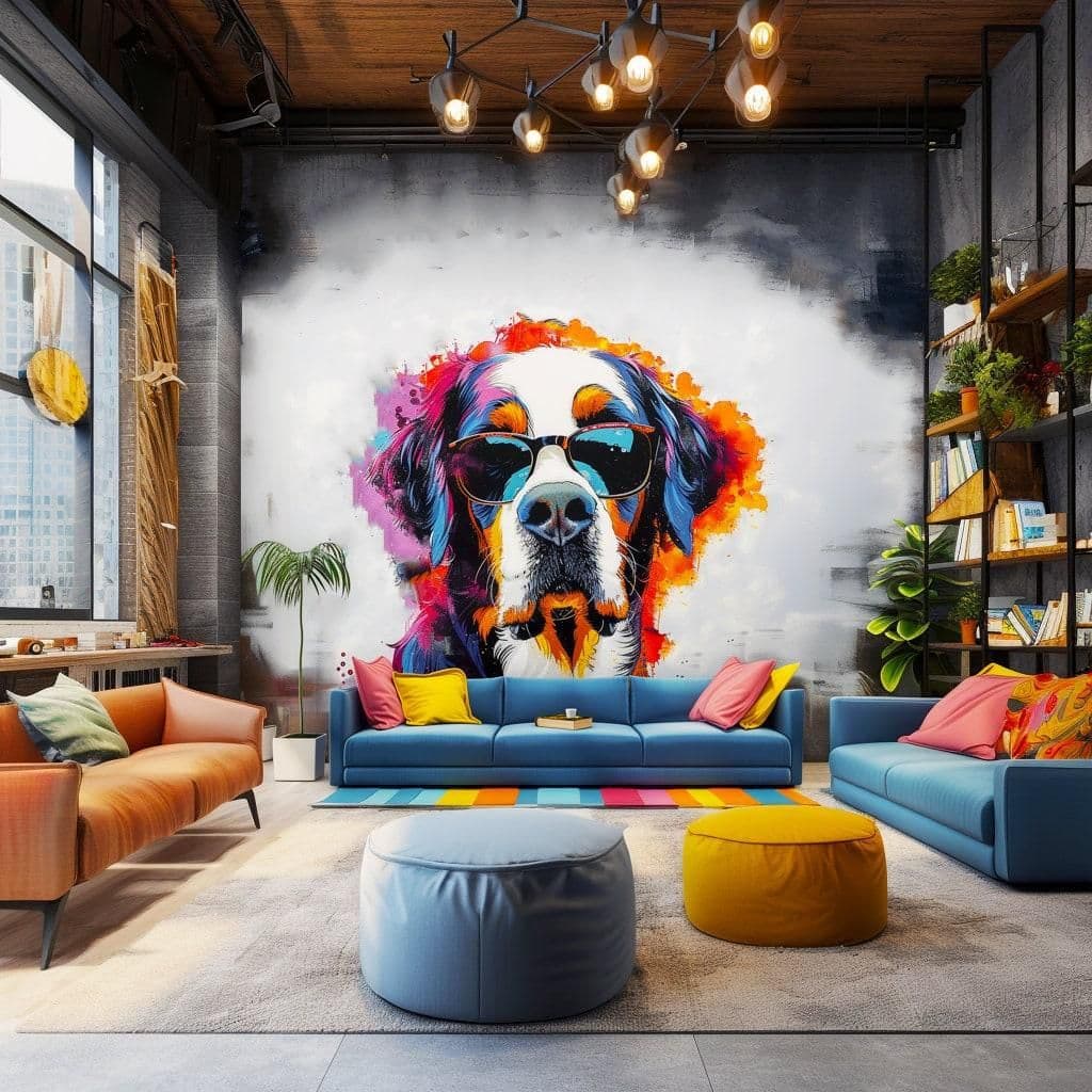 image-Colorful St. Bernard with Glasses Wall Decal - Bold Watercolor Bernese Mountain Dog Art Sticker