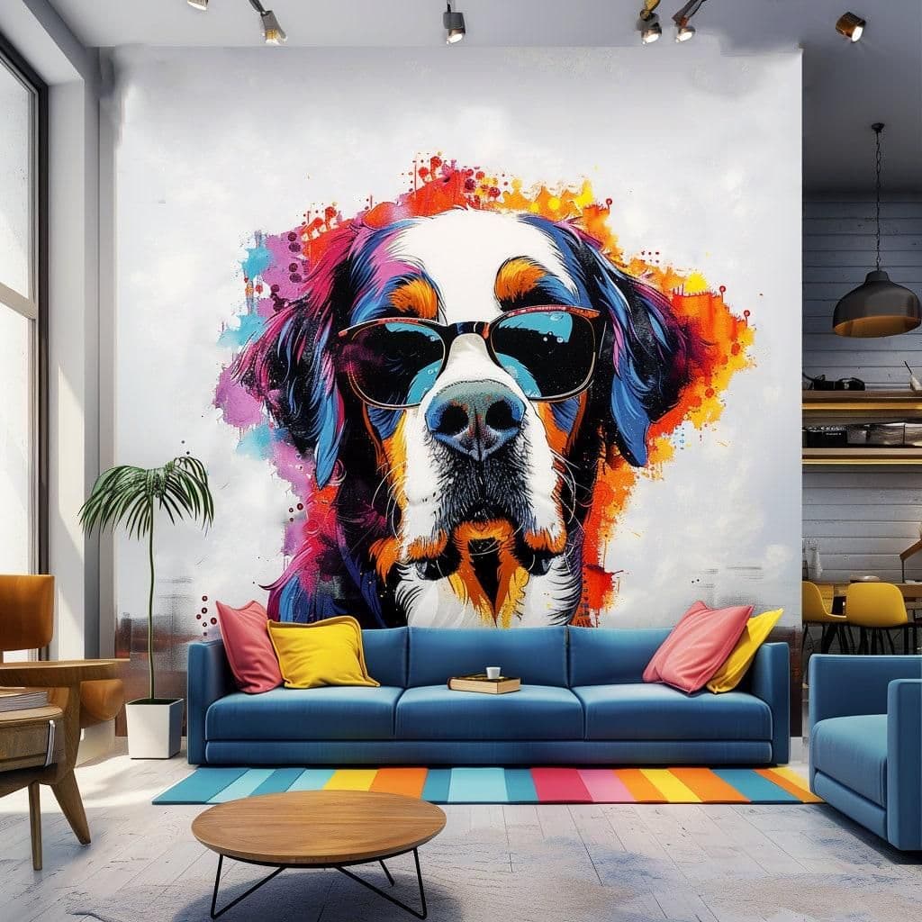 image-Colorful St. Bernard with Glasses Wall Decal - Bold Watercolor Bernese Mountain Dog Art Sticker