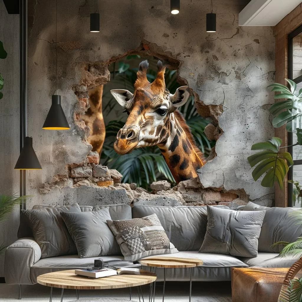 image-3D Giraffe Wall Decal Sticker - Realistic Giraffe Breaking Through Wall