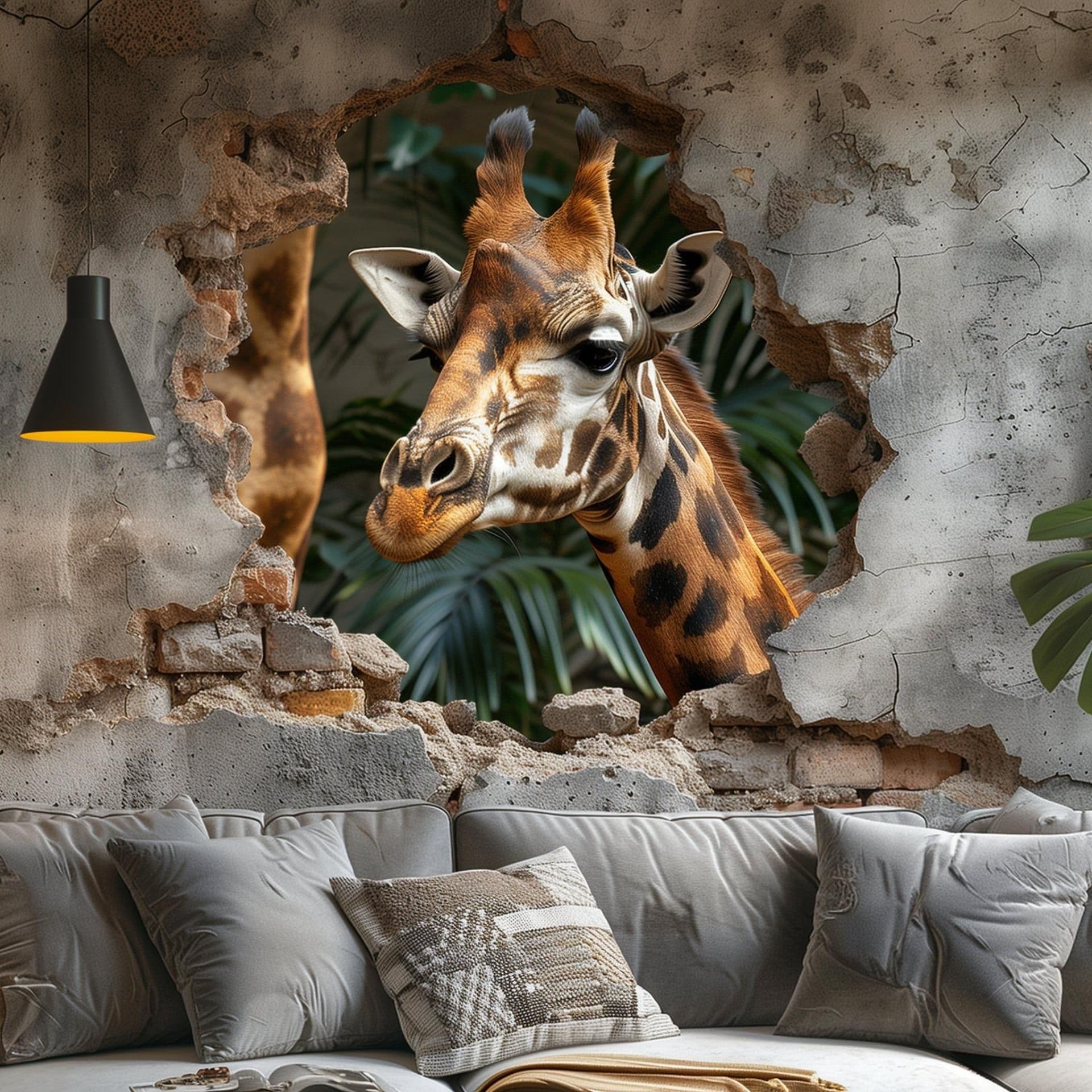 image-3D Giraffe Wall Decal Sticker - Realistic Giraffe Breaking Through Wall