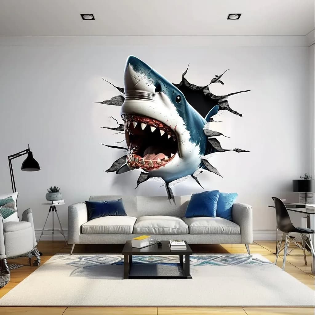 image-3D Great White Shark Wall Sticker | Realistic Shark Wall Decal | Underwater Adventure Home Decor | Unique Living Room Wall Art
