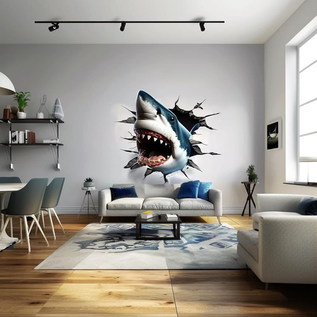 image-3D Great White Shark Wall Sticker | Realistic Shark Wall Decal | Underwater Adventure Home Decor | Unique Living Room Wall Art