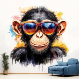 image-Vibrant Baby Chimpanzee Wall Sticker | Cool Animal Decal | Colorful Chimp Wall Decal with Sunglasses | Playful Nursery Wall Art