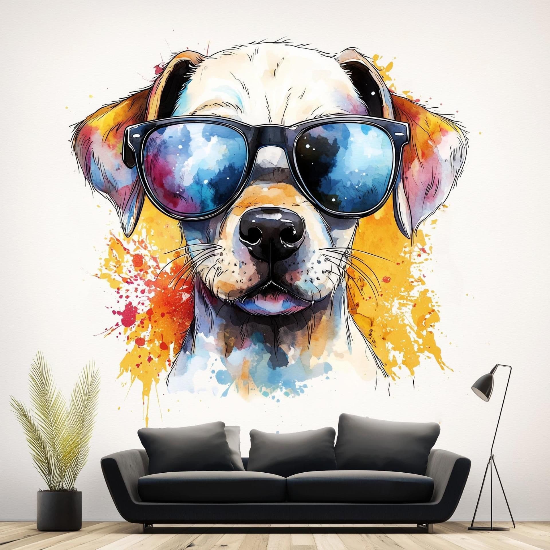 image-Cool Labrador Retriever Puppy Wall Sticker | Cute Animal Decal | Colorful Dog Wall Art with Sunglasses | Playful Wall Decal