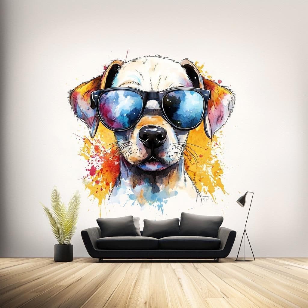 image-Cool Labrador Retriever Puppy Wall Sticker | Cute Animal Decal | Colorful Dog Wall Art with Sunglasses | Playful Wall Decal