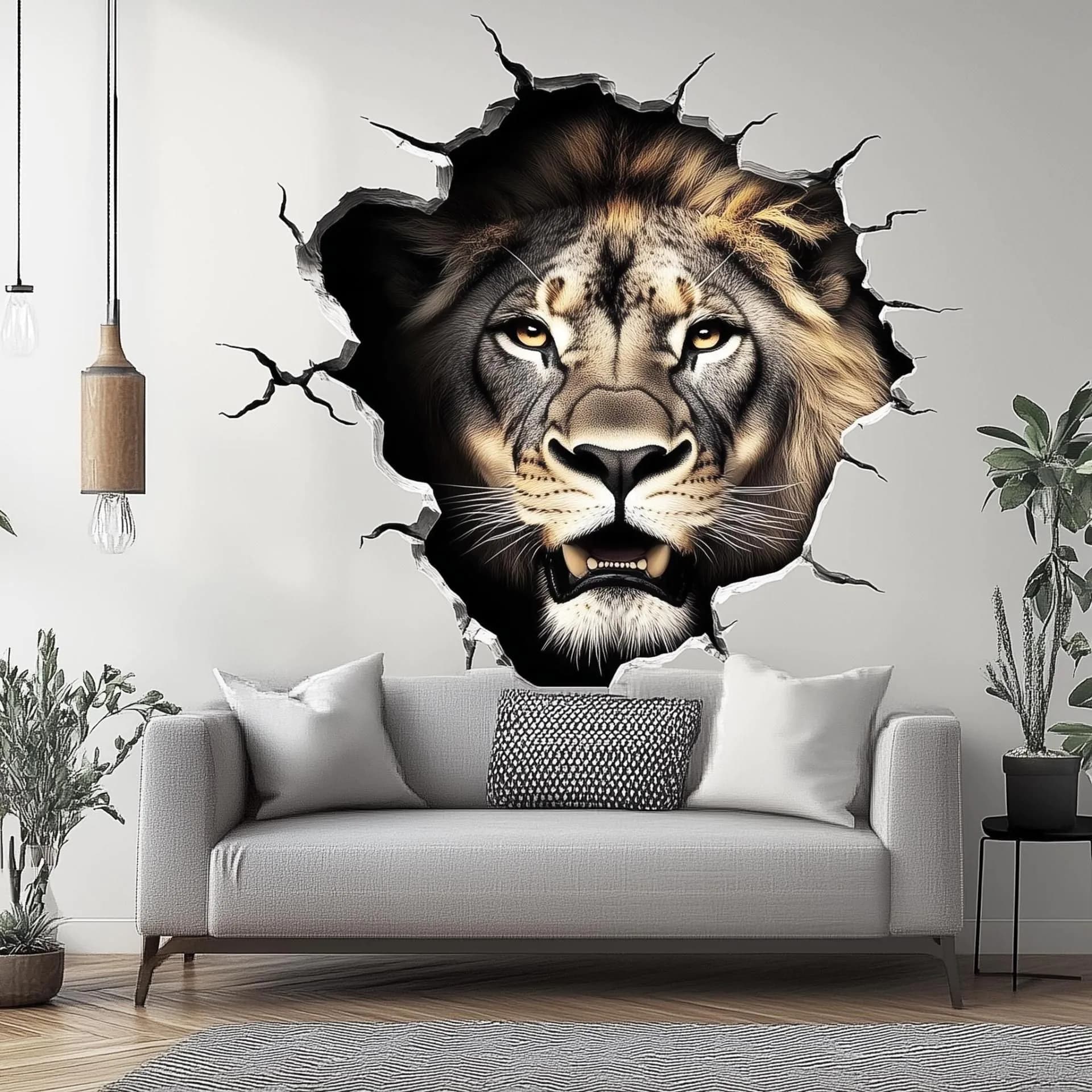 image-Lion Wall Decal | 3D Breakthrough Lion Head Sticker | Bold Animal Wall Art for Living Room, Office, or Man Cave | Removable Wall Decor