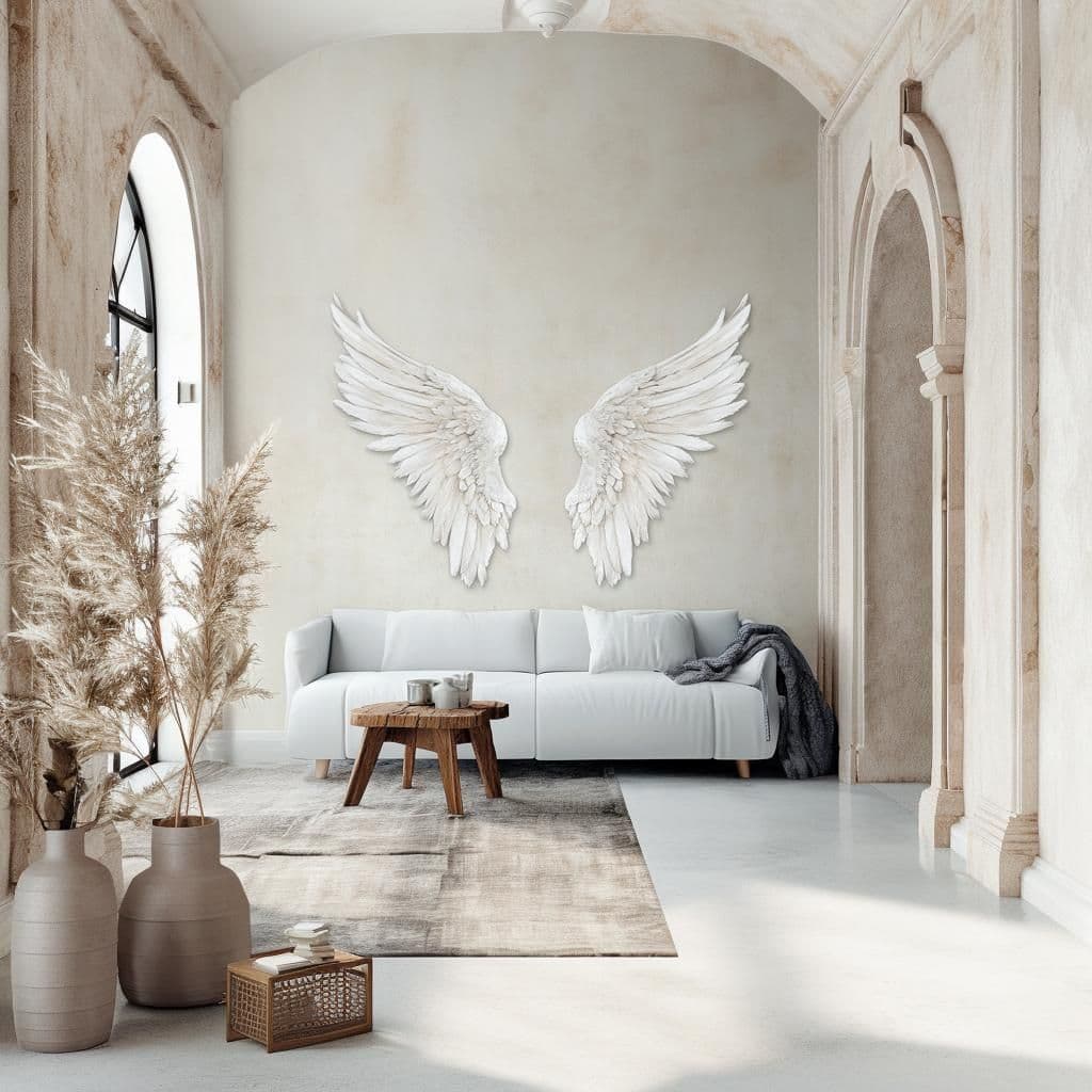 image-3D Angel Wings Wall Decal | Large Feathered Wings Wall Sticker Living Room Nursery | Elegant Angel Wings Decor | Sculptural Effect Wall Art