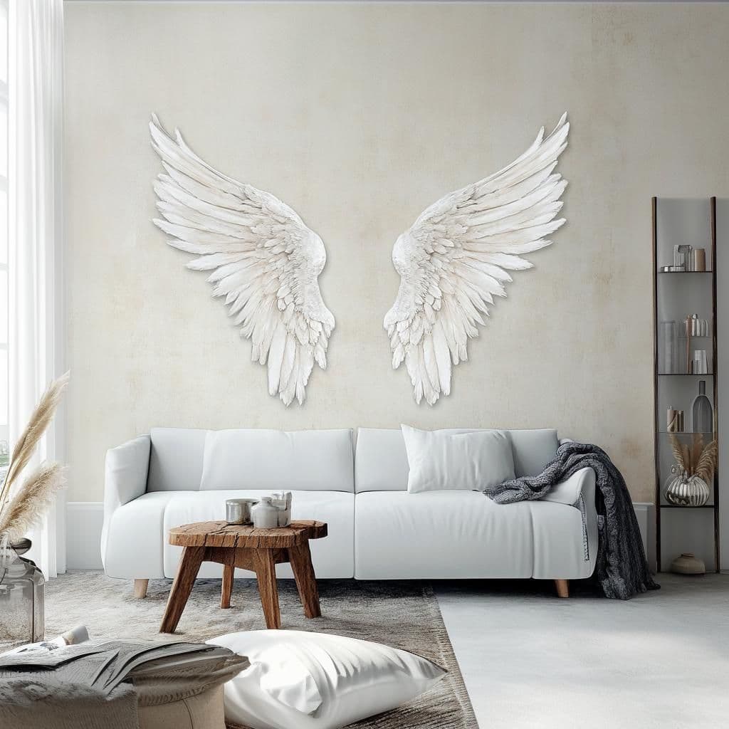 image-3D Angel Wings Wall Decal | Large Feathered Wings Wall Sticker Living Room Nursery | Elegant Angel Wings Decor | Sculptural Effect Wall Art