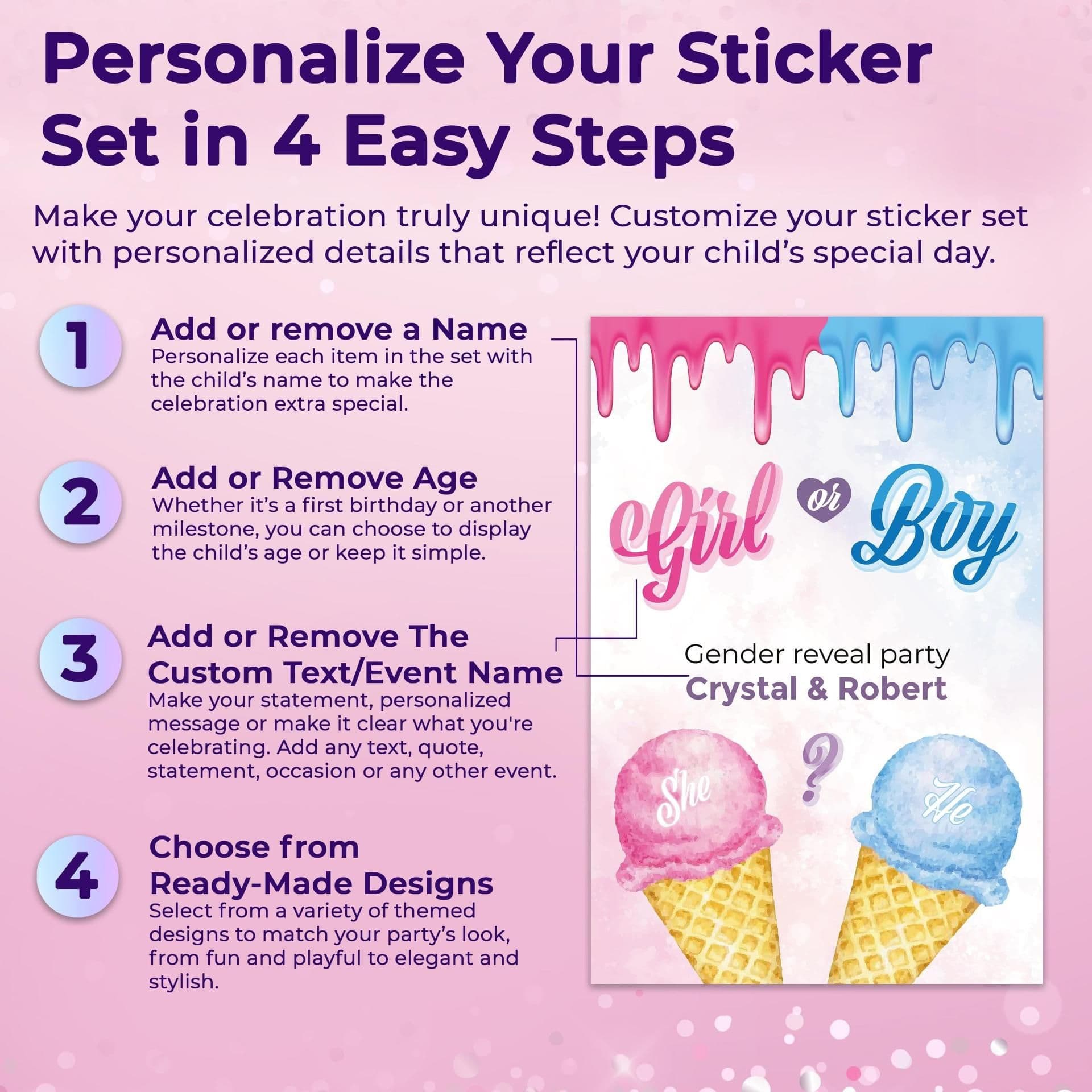 image-Gender Reveal Party Decal Set | Personalized Boy or Girl Stickers | Ice Cream Theme Party Decor | DIY Baby Shower Decorations Labels *!
