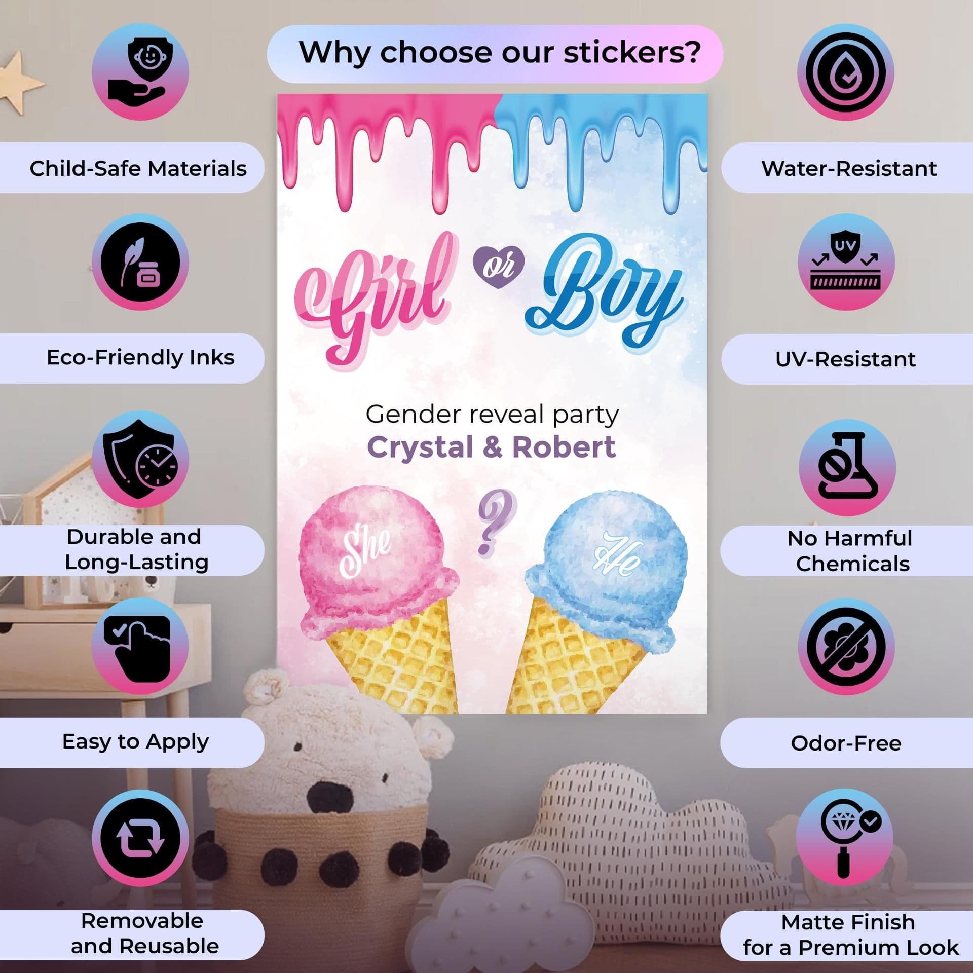 image-Gender Reveal Party Decal Set | Personalized Boy or Girl Stickers | Ice Cream Theme Party Decor | DIY Baby Shower Decorations Labels *!