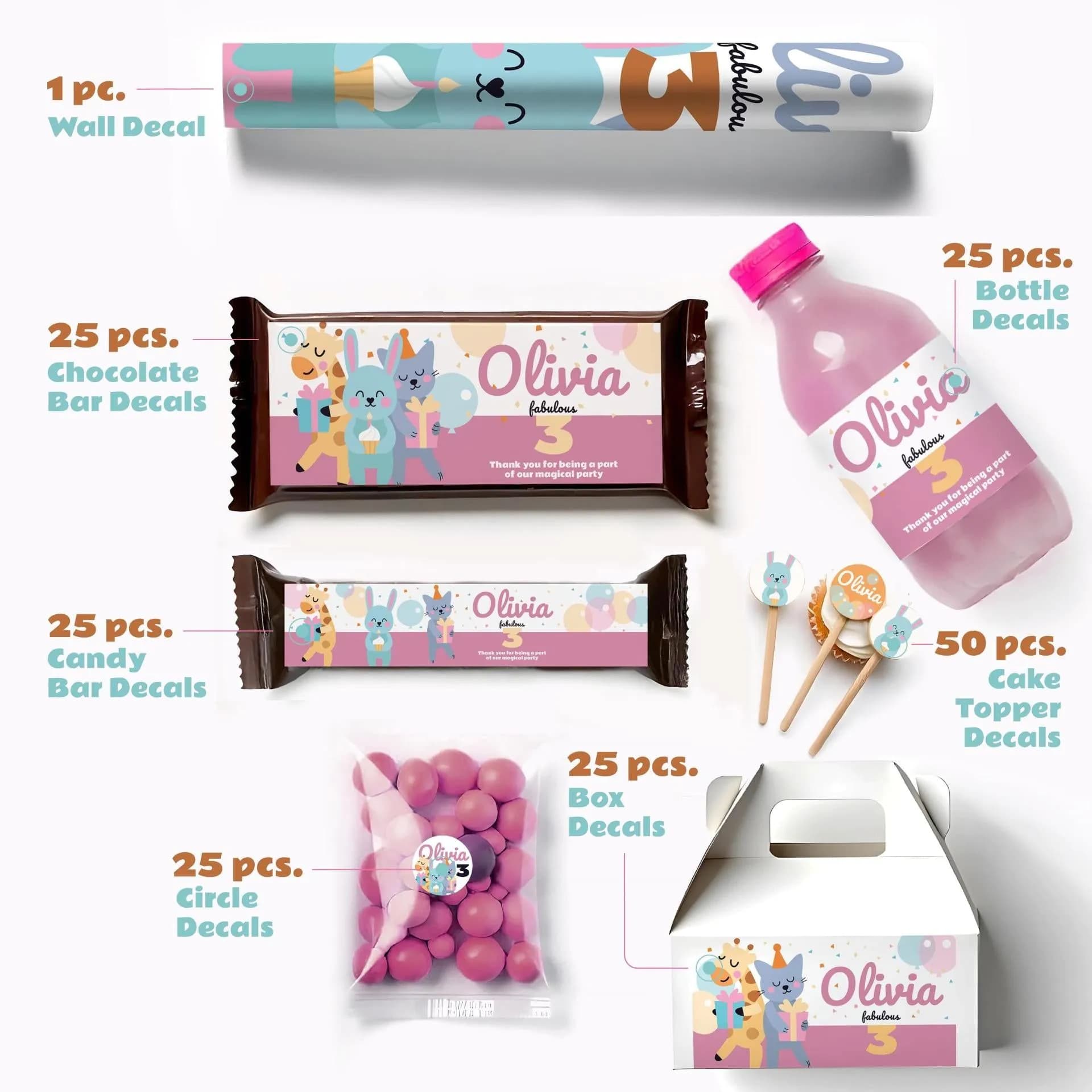 image-Personalized Kids Party Decal Set | Animal Theme Party Stickers | Custom Name Age Bottle, Box, & Treat Decals | DIY Birthday Decorations *!