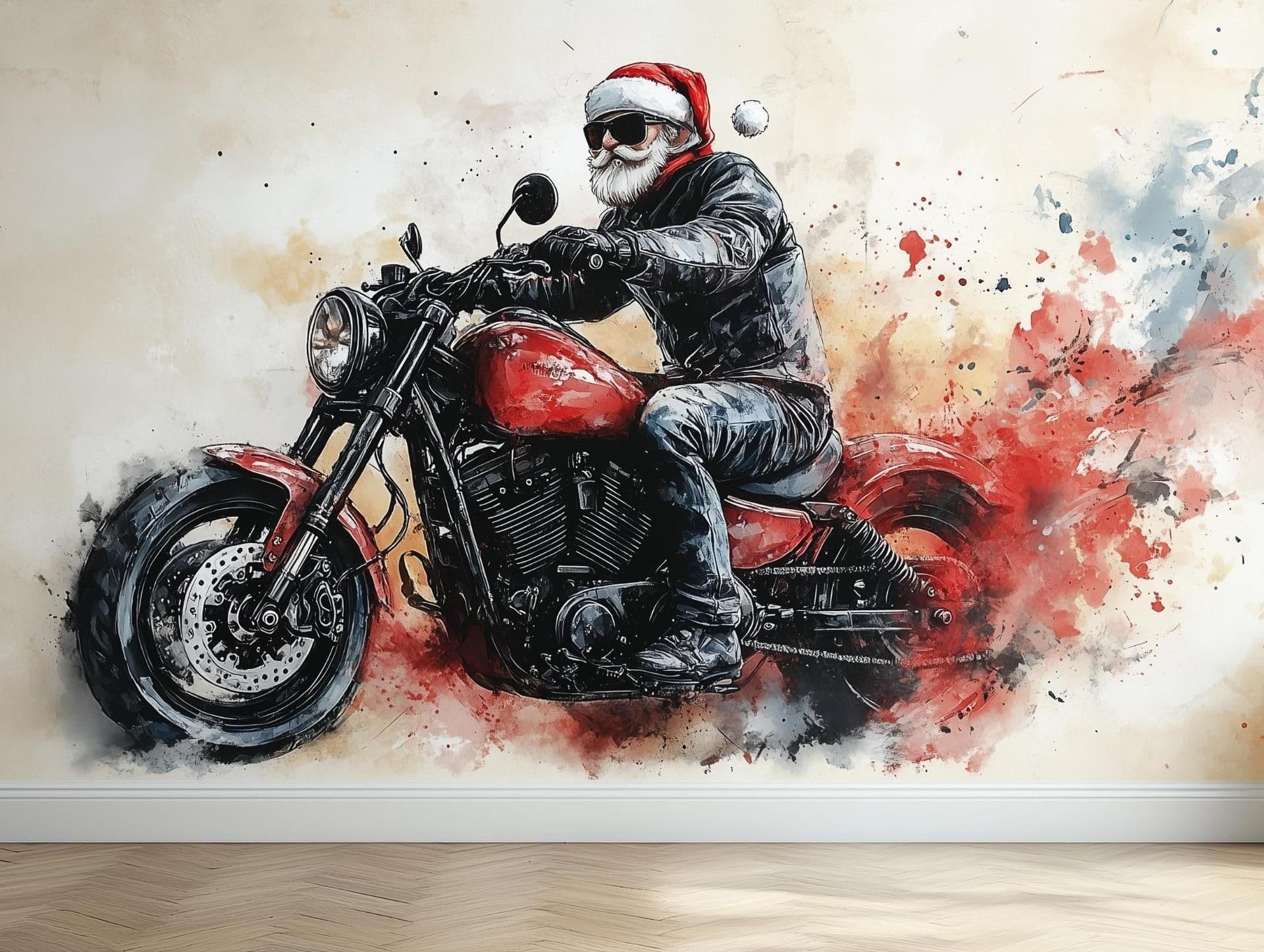 image-Biker Santa Wall Mural | Cool Christmas Decor | Santa on Motorcycle Wall Art | Festive Holiday Wall Sticker | Unique Christmas Decoration
