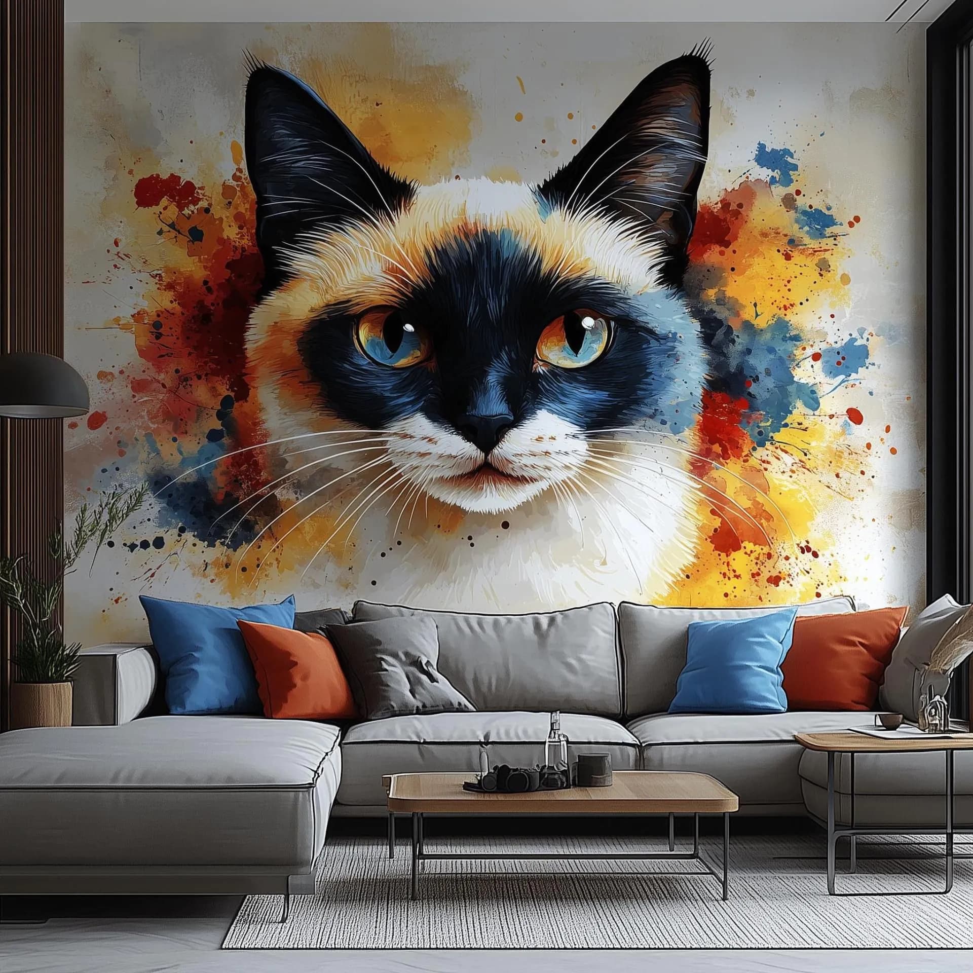 image-Siamese Cat Wall Decal – Blue Eyed Cat Face Vinyl Sticker – Watercolor Style Animal Mural – Colorful Wall Art for Living Room or Bedroom