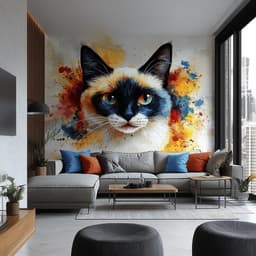 image-Siamese Cat Wall Decal – Blue Eyed Cat Face Vinyl Sticker – Watercolor Style Animal Mural – Colorful Wall Art for Living Room or Bedroom