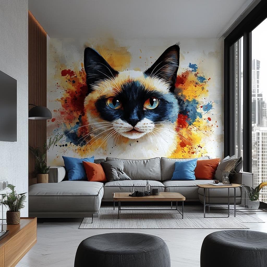 image-Siamese Cat Wall Decal – Blue Eyed Cat Face Vinyl Sticker – Watercolor Style Animal Mural – Colorful Wall Art for Living Room or Bedroom