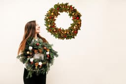 image-Christmas Wreath Wall Decal - Lights Ornaments Decor Sticker - Festive Wall Art Mural