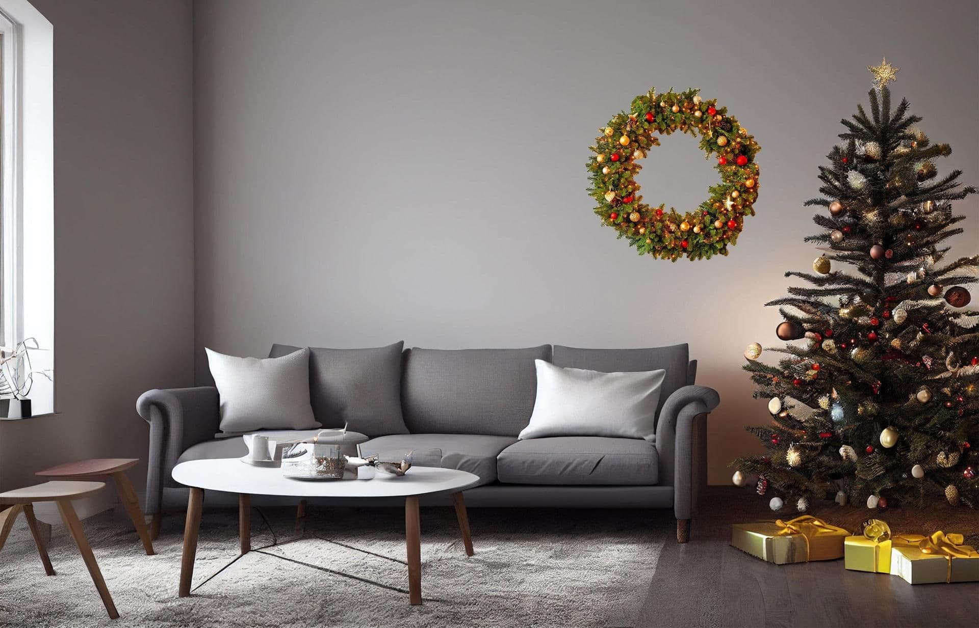 image-Christmas Wreath Wall Decal - Lights Ornaments Decor Sticker - Festive Wall Art Mural