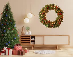 image-Christmas Wreath Wall Decal - Lights Ornaments Decor Sticker - Festive Wall Art Mural